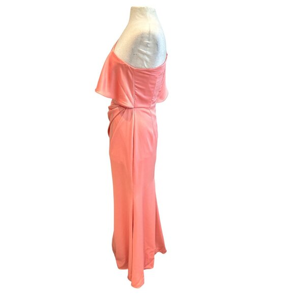 Theia One-Shoulder Coral Maxi Dress W/Ruffle Detail Womens Size 8 Polyester Blen - Picture 2 of 11